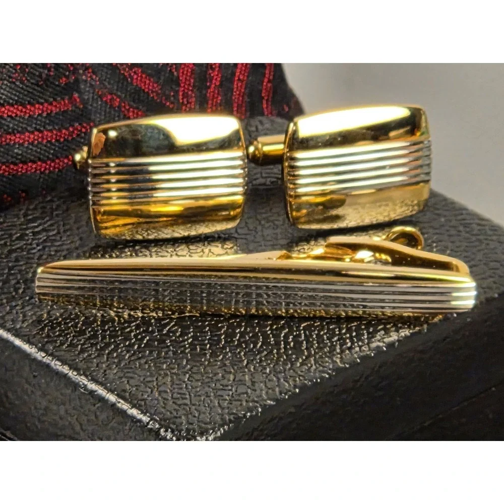 Cuff Links & Tie Clip Set Gold & Silvertone by Bijoux Terner